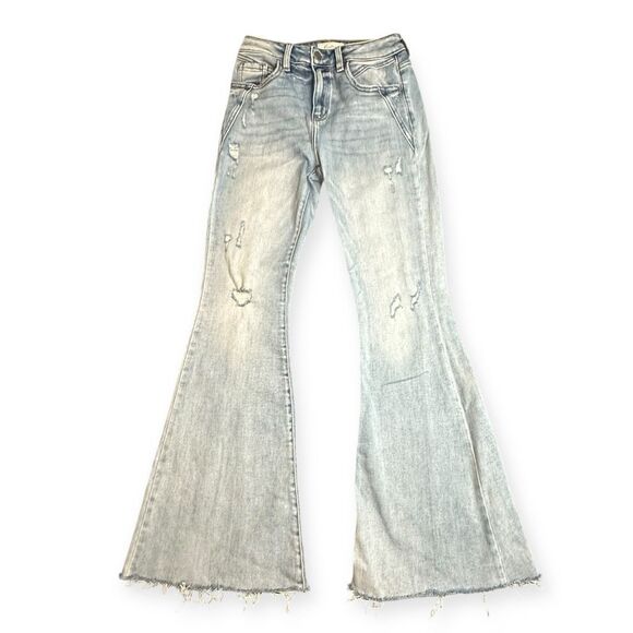 KANCAN Women’s Light Wash Color Nova Distressed High Rise Super Flare Jeans Size - Picture 7 of 11